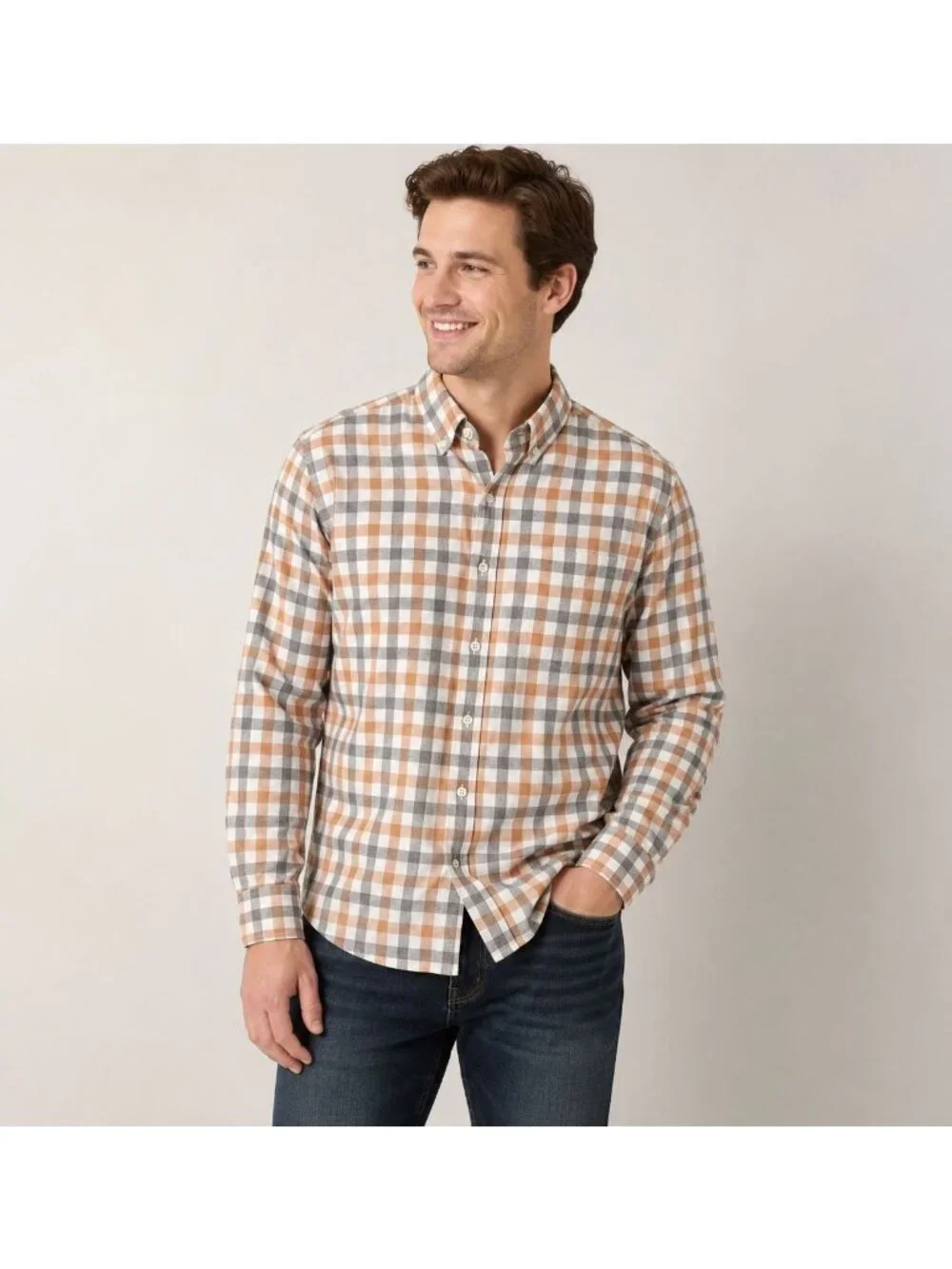 Banana Republic Men's Plaid Button-Down Shirt Orange Gray White L